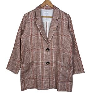 J. Jill Plaid Blazer Womens S Petite Henna Multi Linen Blend Lightweight Career